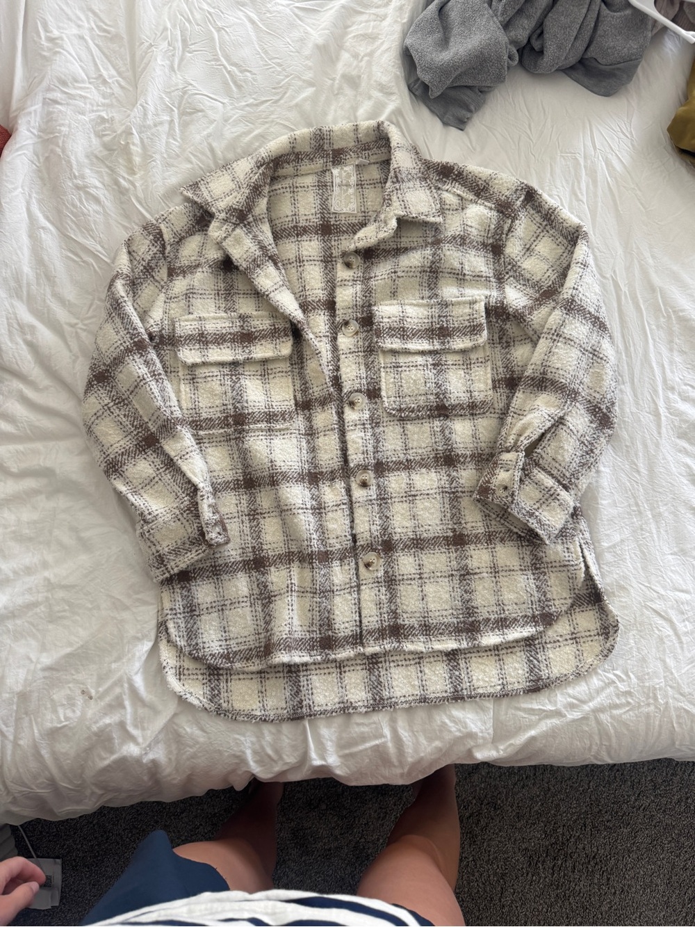 Sadie & Sage Cream and Brown Plaid Shirt Jacket